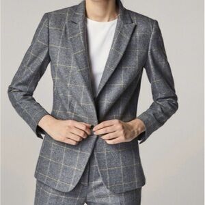 Massimo Dutti Blazer Wool Blend Grey Suit Jacket With Yellow Check, Sz 36/4